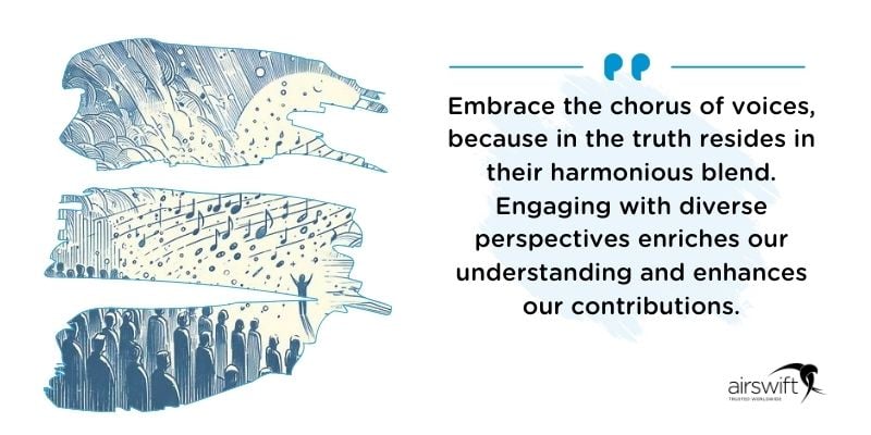 Illustration of community voices merging into a piano, symbolizing harmony